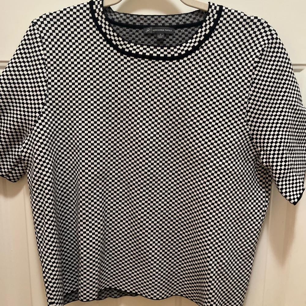 Adrianna Papell Monochrome Checkered Short Sleeve Sweater